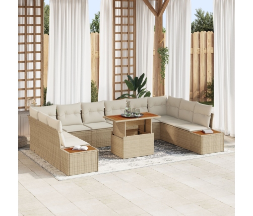 Conjunto de Comedor de Jardín de 11 Piezas con Cojines Beige Poliratán Acacia
