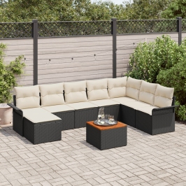 Conjunto de Sofás de Jardín  9 Piezas Negro y crema Ratán y tela