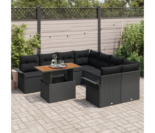 Set de Sofá de Jardín de 9 Piezas con Cojines Negro Ratán Poliéster Acacia