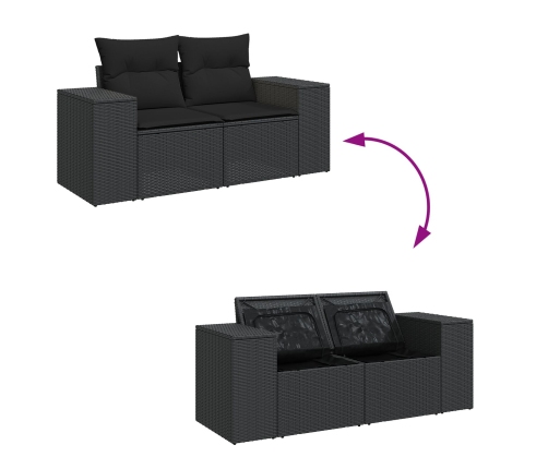 Conjunto de Sofá de Jardín de 8 Piezas con Cojines Ratán Poliéster Negro Acacia,  Conjunto de Comedor de Jardín de 3 Piezas con Cojines Ratán Poliéster Negro Acacia