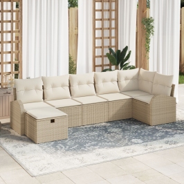 Conjunto de Sofá de Jardín de 7 Piezas Con Cojines Beige de Ratán Sintético