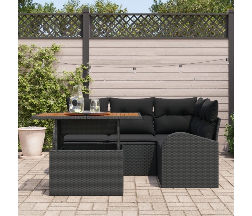 Conjunto de Comedor de Jardín de 5 Piezas con Cojines Negro Poliratán Acacia