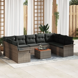 Conjunto de Sofá de Jardín de 10 Piezas con Cojines Gris Poliratán Acacia