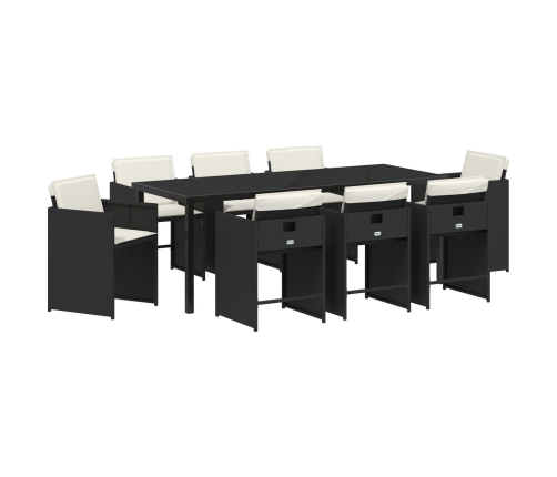 Conjunto de Comedor de Jardín de 9 Piezas con Cojines de Poliratán Negro
