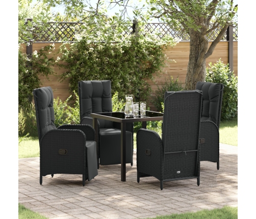Juego de comedor para jardín  de 5 piezas con cojines, negro, poliratán