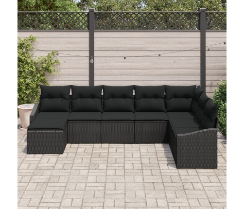 Conjunto de Comedor de Jardín de 8 Piezas con Cojines Negro Ratán Poliéster
