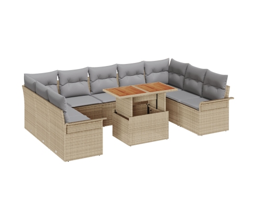 Conjunto de Comedor de Jardín de 10 Piezas con Cojines Beige Poliratán Acacia