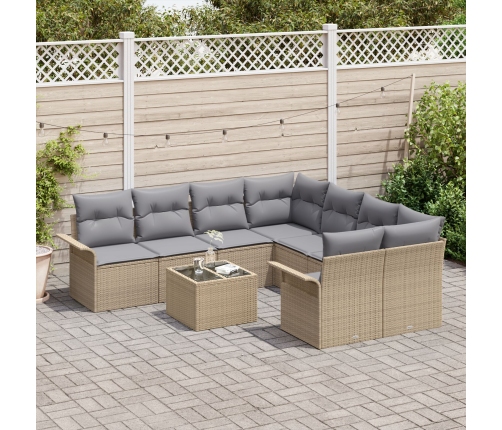 Juego de Sofá de Jardín de 9 Piezas con Cojines Beige Poli Rattan,  Sofá de Jardín de 2 Plazas con Almacenamiento y Cojines Beige Poli Rattan
