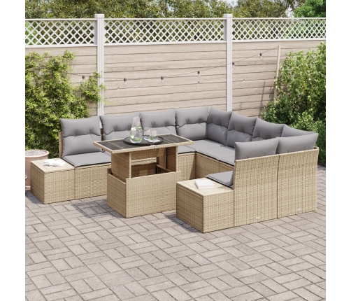 Conjunto de Sofá de Jardín de 9 Piezas con Cojines Beige Poliratán
