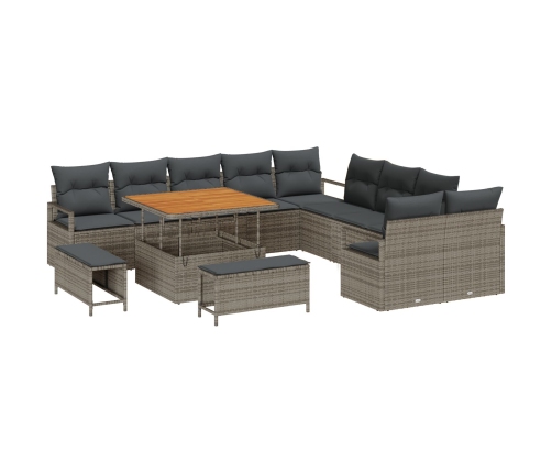Conjunto de Sofá de Jardín de 13 Piezas con Cojines Gris Poliratán Acacia de , Sofá de Jardín de 2 Plazas con Almacenamiento y Cojines Gris Poliratán de , Juego de Comedor de Jardín de 3 Piezas con Cojines Gris Poliratán Acacia de