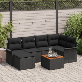 Conjunto de Sofá de Jardín  de 7 Piezas con Cojines Negro Poliratán Acacia
