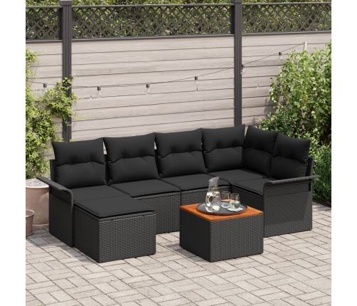 Conjunto de Sofá de Jardín  de 7 Piezas con Cojines Negro Poliratán Acacia