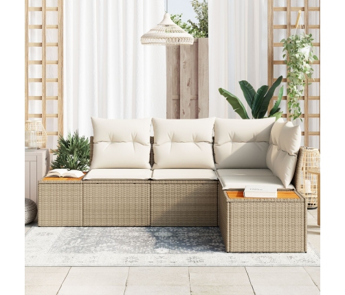 Juego de Sofá de Jardín de 4 Piezas con Cojines Beige Poliratán Acacia