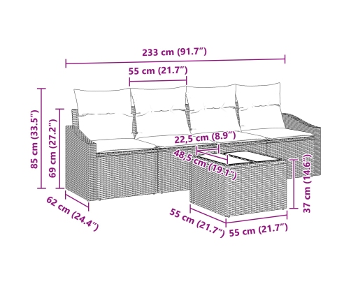 Conjunto de Comedor de Jardín de 5 Piezas con Cojines Negro Ratán Sintético