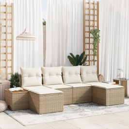 Conjunto de Sofás de Jardín de 6 Piezas con Cojines Beige de Poliratán Acacia