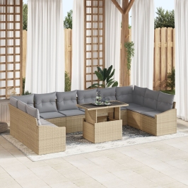 Set de sofá de jardín de 11 piezas con cojines de ratán poli beige