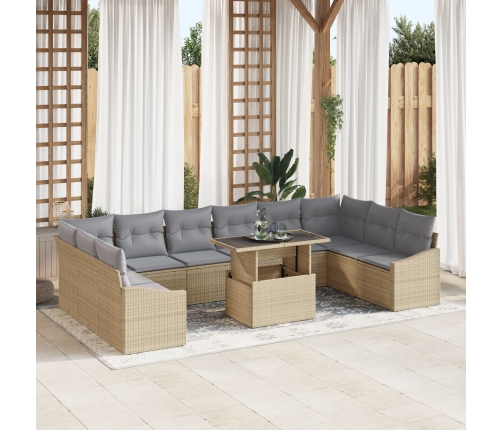 Set de sofá de jardín de 11 piezas con cojines de ratán poli beige