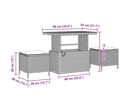 Conjunto de Comedor de Jardín de 3 Piezas con Cojines Gris en Poliratán y Acacia