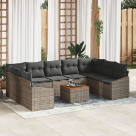 Conjunto de Sofás de Jardín de 10 Piezas con Cojines Gris Polirratán Acacia