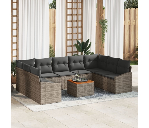 Conjunto de Sofás de Jardín de 10 Piezas con Cojines Gris Polirratán Acacia