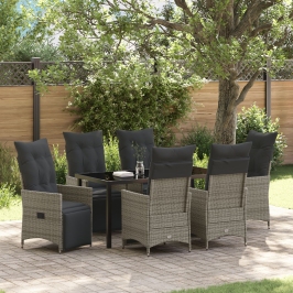 Set de Comedor de Jardín de 7 Piezas con Cojines Gris Polirratán