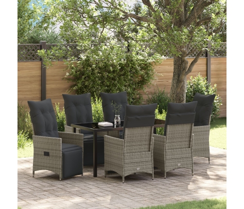 Set de Comedor de Jardín de 7 Piezas con Cojines Gris Polirratán