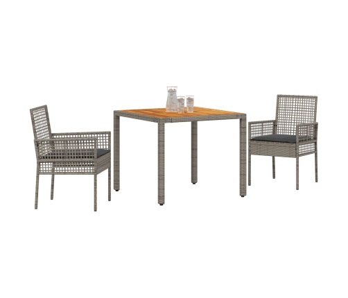 Juego de Comedor de Jardín de 3 Piezas con Cojines Gris Poliratán