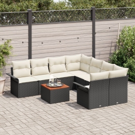 Set de Sofás de Jardín  de 9 Piezas con Cojines Negro Polirratán Acacia