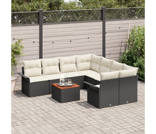 Set de Sofás de Jardín  de 9 Piezas con Cojines Negro Polirratán Acacia