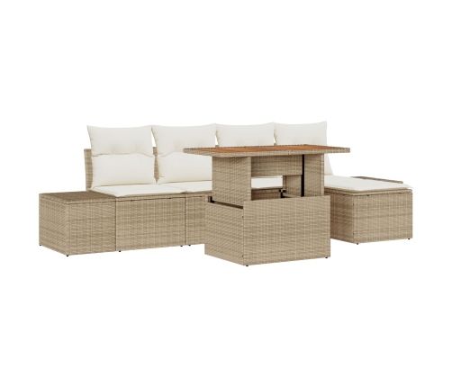 Juego de Comedor de Jardín de 6 Piezas con Cojines Beige Ratán Poliéster