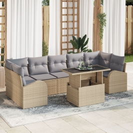 Set de Sofá de Jardín de 8 Piezas con Cojines Beige Ratán Poliéster