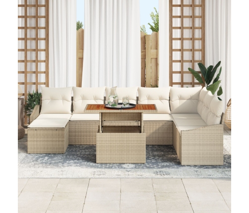 Conjunto de Comedor de Jardín de 9 Piezas con Cojines Beige Ratán Poliéster Acacia