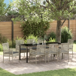 Conjunto de Comedor de Jardín de 9 Piezas con Cojines Ratán Poliéster Gris Claro