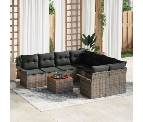 Set de Sofá de Jardín de 9 Piezas con Cojines Gris Poliratán Acacia
