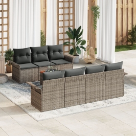 Conjunto de Sofá de Jardín de 8 Piezas con Cojines Gris Ratán Poliéster Acacia