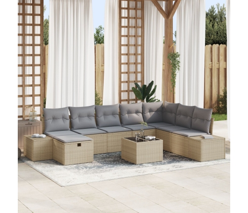 Conjunto de Sofá de Jardín de 9 Piezas con Cojines Beige Ratán Sintético