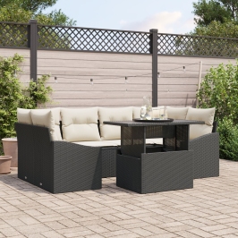 Conjunto de Sofás de Jardín  Set de 7 Sofá negro con cojines crema