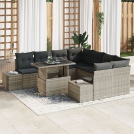 Conjunto de Sofá de Jardín  9 Piezas Beige, Gris Oscuro Ratán