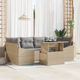 Juego de Sofás de Jardín  7 Piezas con Cojines Beige Ratán PE