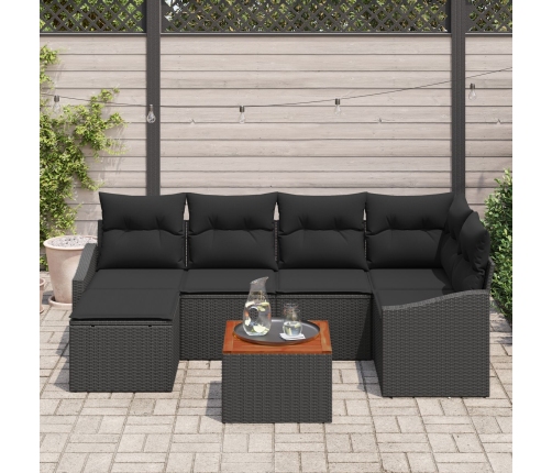 Conjunto de Sofás de Jardín de 7 Piezas con Cojines Negro Ratán Sintético Acacia