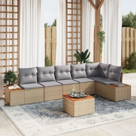 Conjunto de Sofá de Jardín de 7 Piezas con Cojines Beige Poliratán Acacia