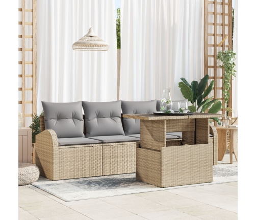Conjunto de Sofás de Jardín de 5 Piezas con Cojines Beige de Ratán Poliéster
