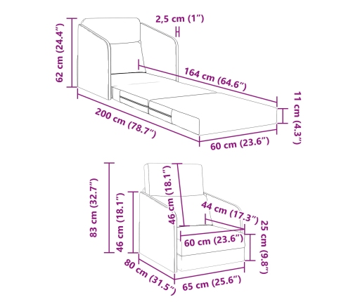 Sofá Cama  2-en-1 Gris Oscuro 65x80x83 cm Terciopelo