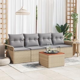 Conjunto de Sofá de Jardín  de 5 Piezas con Cojines Beige Ratán Poliéster