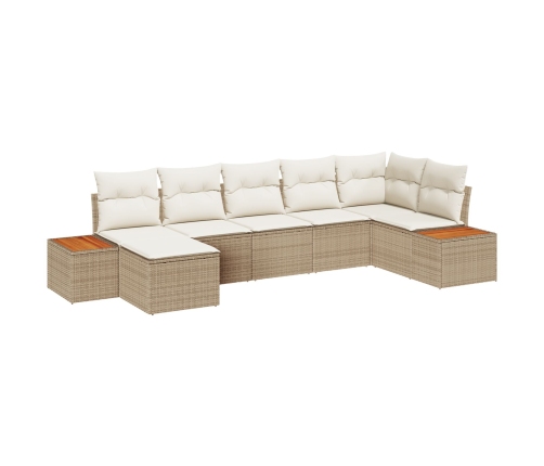 Conjunto de Sofá de Jardín de 7 Piezas con Cojines Beige Ratán Poliéster Acacia