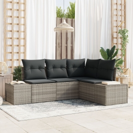 Set de Sofá de Jardín de 4 Piezas con Cojines Gris Claro Poliratán