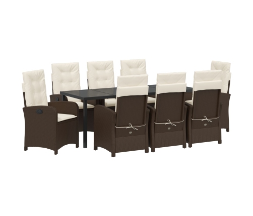 Set de comedor de jardín de 9 piezas con cojines de ratán poli marrón