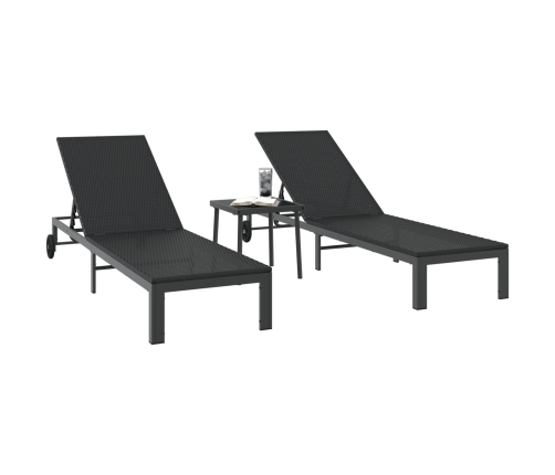 Tumbonas  2 pcs con ruedas y mesa negro de poliratán