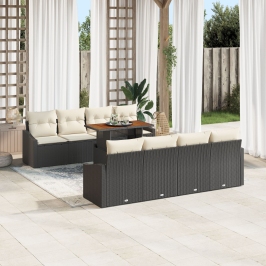 Conjunto de Comedor de Jardín de 9 Piezas con Cojines Rattan Negro Acacia