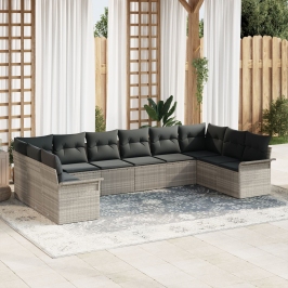 Set de Sofá Jardín  10 Piezas Cojines Gris Claro Poliratán
